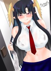 1girls aroused artist_name belly_button black_bra black_hair blush bra breasts clothed clothing female female_only horns horny_female huge_breasts indoors licking_lips light-skinned_female light_skin looking_at_viewer mywaifufb necktie pixela_legends pixela_project red_eyes red_necktie see-through see-through_clothing shirt skirt sleeveless sleeveless_shirt solo sweat umino_ciala undressing virtual_youtuber wet wet_shirt