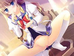 blonde_hair blue_eyes blush censored game_cg nanairo_kouro pussy rachel_windsor rakko seifuku skirt_lift vibrator wet