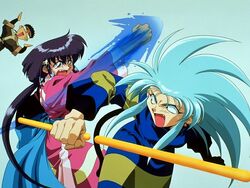 1girls ayeka_masaki_jurai breasts female fight fighting long_hair ryoko_hakubi simple_background tenchi_masaki tenchi_muyo!