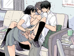 1boy 2girls anal anal_sex beige_skin bisexual bisexual_female bisexual_sandwich black_hair blush book breast_sucking breasts buggery clothed_sex clothes clothing color couch cup female ffm_threesome fingering footwear ginchiyo_tachibana hair human indoors insertion male motonari_mori multiple_females muneshige_tachibana nipples no_bra nopan open_eyes open_mouth pants penetration penis pussy round_ears rule_63 sengoku_musou sex shirt shirt_lift shoes short_hair sitting skirt spread_legs straight threesome vaginal_fingering vulva window