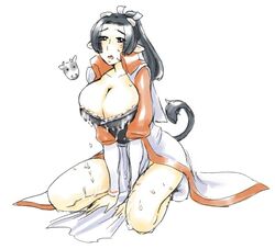 beige_skin black_hair cleavage clothes color cum female female_only hair kanetsugu_naoe kneeling open_eyes open_mouth rule_63 sengoku_musou simple_background solo tail white_background