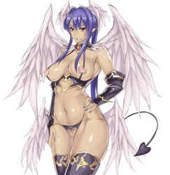 angel_wings blue_hair breasts copyright_request crotch_cutout crotchless_panties cute_fang demon_girl demon_tail elbow_gloves feathers fingerless_gloves gloves hand_on_hip head_wings heart_crotch_cutout heart_cutout hips large_breasts long_hair low_wings nail_polish nippleless_clothes nippleless_clothing nipples panties pointy_ears pubic_hair smile solo tail thighhighs underwear wings yellow_eyes