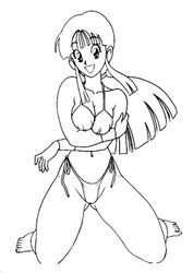 bikini black_hair breasts chichi dave_yerushalaim dragon_ball female female_only human kneeling medium_breasts monochrome solo thong