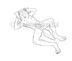 annoying_watermark anthro balls canine fur furry karlos knot line_art lying male tuulisusi wolf