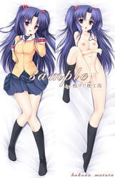 censored clannad clothing dakimakura footwear hair_bobbles hair_ornament hakuna_matata ichinose_kotomi long_hair lying medium_breasts navel nipples nude purple_eyes purple_hair pussy sample school_uniform skirt socks tied_hair twintails two_side_up