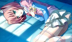 bed game_cg green_eyes izumi_mahiru masturbation short_hair skirt tagme_(character) thighhighs vermilion_-bind_of_blood-