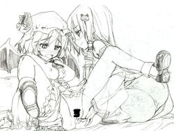 ass bat_wings bloomers bloomers_(victorian) bloomers_around_one_leg blush breasts censored female female_only fingering hair_tubes hat human kaisen_chuui legs_up monochrome multiple_girls naughty_face pussy_juice remilia_scarlet sanae_kochiya sketch spread_legs touhou traditional_media wavy_mouth wings yuri