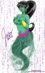 aladdin black_hair breasts clothes disney eden_(aladdin) female female_only green_skin hair nipples ponytail solo tied_hair topless