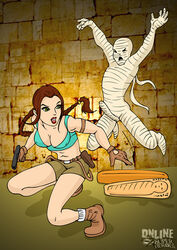 bandage boots breasts clothing female human indoors jumping lara_croft lara_croft_(classic) male mummy online_superheroes sarcophagus squatting tagme tomb_raider