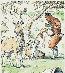 animal bell blonde_hair breasts breasts_out_of_clothes caprine closed_eyes collar erection exposed_breasts female feral fictional_interracial goat hooves horns horns_and_hooves human kneeling male meadow nipples open_mouth outdoors pan_(mythology) pan_flute pan_pipes panpipes penis pointy_ears satyr tom_sargent top_pulled_down tree udders wood