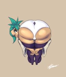 1girls amen_pose ass bent_over big_ass cerebella eyeshadow female green_hair huge_ass looking_back meme one_eye_closed panties praise_da_booty_(meme) skullgirls thick_thighs thigh_boots thighhighs tongue_out zframe