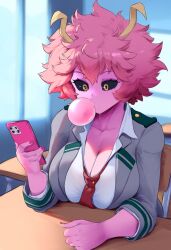 ai_generated big_breasts bimbo bimbofication black_sclera boku_no_hero_academia bored bubble bubble_gum classroom cleavage desk eyeshadow gyaru horns horny krystalizedart large_breasts long_nails makeup mina_ashido my_hero_academia nail_polish pink_hair pink_nails pink_skin purple_eyeshadow school_uniform schoolgirl sitting_on_chair solo solo_female solo_focus texting unbuttoned unbuttoned_shirt upper_body yellow_eyes yellow_horns