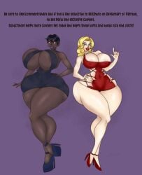 1girls 2girls big_breasts blitzhero blonde_female blonde_hair bodycon cleavage commissioner:blitzhero commissioner_upload curvaceous curvy dark-skinned_female earrings female female_only green_eyes heels legs lips long_legs merci_cakes milf multiple_girls nutvamp original_characters pawg pose posing red_dress snow_bonnie_cooper tagme voluptuous wide_hips