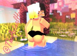 3d big_ass big_breasts black_and_blonde_hair cherry_blossoms female honey_(tah) looking_back mine-imator minecraft pussy standing_in_water theactualhoney