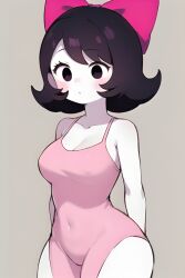 ai_generated black_eyes black_hair blush bow_in_hair female female friday_night_funkin friday_night_funkin_mod girl_(sock.clip) nipple_bulge pale_skin pink_bow pink_dress pixai short_hair simple_background twinsomnia