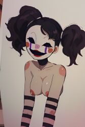 adult adult_female ai_generated black_choker black_hair breasts_out charlie_(fnaf) charlie_emily choker female five_nights_at_freddy's five_nights_at_freddy's_2 human long_gloves looking_at_viewer marionette_(fnaf) mask masked masked_female naked nude pale_skin pixai puppet_(fnaf) striped_gloves twintails