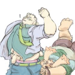 2023 anthro balls bear bottomwear canid canine canis closed_eyes clothing cu_sith_(tokyo_afterschool_summoners) domestic_dog duo genitals hi_res kemono leib_(tokyo_afterschool_summoners) lifewonders male male_only mammal necktie nigauritaruto overweight overweight_male pants penis polar_bear shirt simple_background tokyo_afterschool_summoners topwear ursine