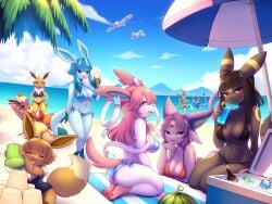 9girls absurd_res anthro anthrofied beach bikini bird black_fur black_hair black_panties blue_eyes blue_hair blue_skin bra breast breasts brown_fur brown_hair cleavage closed_eyes clothing cooler crunchobar curvy cute drinking drinking_straw eevee eeveelution espeon female flareon food fur furry furry_female glaceon glass glass_cup group hi_res ice ice_cream jolteon leafeon looking_at_viewer multiple_girls navel nintendo one-piece_swimsuit open_mouth panties pawpads paws pink_fur pokemon pokemon_(species) purple_eyes purple_fur red_eyes red_panties sand sand_castle seaside sitting smile smiling_at_viewer soda sylveon tail two-piece_swimsuit two_piece umbreon vaporeon water watermelon wingull wink winking_at_viewer