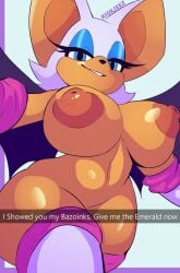 1girls bat boots breasts brown_nipples female furry gloves green_eyes huge_breasts kiskjeez large_breasts rouge_the_bat sega smile snapchat sonic_(series) stockings text thick_thighs white_fur wings