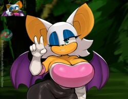 1girls bat big_breasts blue_eyeshadow breasts breasts_bigger_than_head cleavage clothing eyelashes eyeshadow female female_focus female_only furry huge_breasts makeup neo_hajime rouge_the_bat screencap shortstack sonic_(series) sonic_the_hedgehog_(series) wink