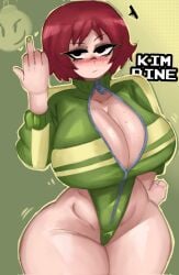 ass big_ass big_breasts big_thighs blush breasts brown_hair gigantic_ass gigantic_breasts gigantic_thighs green_jacket huge_ass huge_breasts huge_thighs jacket kim_pine knightartist115 looking_at_viewer middle_finger open_zipper pawg scott_pilgrim short_hair tagme thick_hips thick_thighs thighs zipper zipper_pull_tab