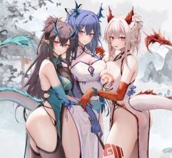 3girls arknights black_hair blue_eyes blue_hair china_dress chinese_clothes dragon_girl dragon_horns dragon_tail dusk_(arknights) female female_focus female_only garter_straps horns large_breasts ling_(arknights) nian_(arknights) purple_eyes qipao red_eyes ru_zhai sisters tail thick_thighs thighhighs white_hair