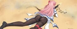 1girls abridged-satoko ass ass_focus from_behind girls'_frontline gun negev_(girls'_frontline) negev_(girls_frontline) pantyhose pink_hair shooting weapon