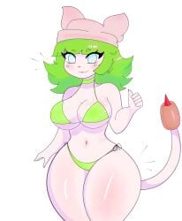 1girls anthro ass_at_beach big_ass blue_eyes body cat_ears catgirl cattail cattail_(pvz) clothing feline female focus green_hair humanoid pale_skin pink_hat plants_vs_zombies short_hair smiling solo swimsuit tail thighs white_ass