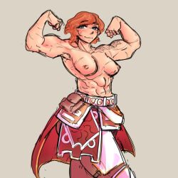 1girl 1girls abs armor armored_boots armored_female belly_button big_breasts bloobie_(artist) blush blushing boobs breasts buff comission female female_only green_eyes muscular muscular_female nipples no_bra oc orange_hair original_character pants pink_nipples pose short_hair smug smug_face tomboy white_body white_skin