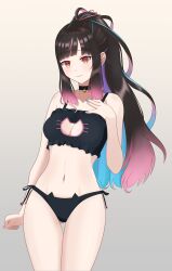 1girls black_hair cat_lingerie cleavage female_focus female_only hana_yomeguri highres indie_virtual_youtuber light-skinned_female light_skin lingerie long_hair looking_at_viewer multicolored_hair orange_eyes ponytail simple_background smiling_at_viewer standing thong two_tone_hair virtual_youtuber