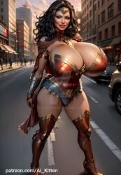 1girls ai_generated arm_wear big_breasts black_hair breasts breasts_bigger_than_head brown_eyes cape dc dc_comics diana_prince eyes female female_only knee_boots light-skinned_female light_skin looking_at_viewer minidress standing thick thick_thighs voluptuous voluptuous_female wide_hips wonder_woman wonder_woman_(series) zettai_ryouiki