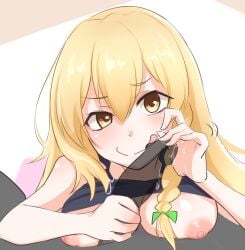 black_shirt blonde_hair bow braid breast_rest breasts breasts_out closed_mouth clothes_lift commentary_request curved_to_the_right_penis double-parted_bangs female glansjob green_bow hairbow handjob kirisame_marisa large_breasts long_hair looking_at_viewer motion_lines nipples penis pov pov_crotch precum shirt shirt_lift single_braid sleeveless sleeveless_shirt smile tongue tongue_out touhou uneven_eyes vanishingknife yellow_eyes