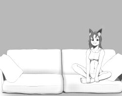 1girls animal_ears bare_legs barefoot breasts couch crossed_legs female female_only gigabit greyscale grin legs long_hair looking_at_viewer medium_breasts monochrome nail_polish on_couch original panties pillow piper_perri_surrounded sitting smile solo tank_top underboob underwear