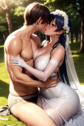 1boy 1girls ai_generated female hugging kissing light-skinned_female light_skin love_live love_live! love_live!_school_idol_project male nai_diffusion nude_male_clothed_female sonoda_umi stable_diffusion wedding wedding_dress