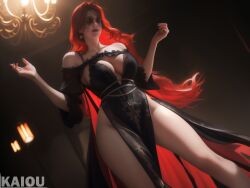 1girls ai_generated big_breasts cleavage clothed_female clothing elden_ring elegant evening_gown female_focus female_only fromsoftware gown kaiou long_hair malenia_blade_of_miquella red_hair slim_waist thick_thighs wide_hips