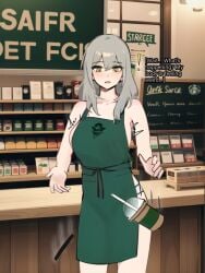 ai_generated_background apron apron_only barista breast_expansion breast_squeeze employee employee_uniform golden_eyes grey_hair huge huge_breasts iced_latte_with_breast_milk lactation naked_apron sideboob starbucks stelle_(honkai:_star_rail)