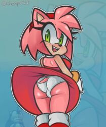 amy_rose backside basic_background boots champchidi clothed clothed_female cute cute_fangs cute_female exposed_ass eyelashes fangs fully_clothed fully_clothed_female furry furry_only green_eyes happy happy_female hedgehog hedgehog_girl hourglass_figure letting_it_happen looking_at_viewer looking_back looking_back_at_viewer panties pantyshot pink_body pink_fur pink_hair red_dress red_skirt showing_ass showing_off showing_off_ass showing_pussy slutty_clothing slutty_outfit small_tail smile smiling smiling_at_viewer sonic_(series) underwear upskirt