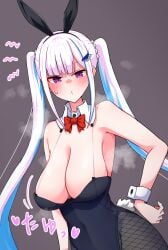 big_breasts bowtie breasts bunny_ears bunnysuit cleavage cotu cotudesu fish fishnet_legwear fishnet_pantyhose fishnets hand_on_hip japanese_text large_breasts leotard lize_helesta nijisanji pantyhose pink_eyes pink_hair virtual_youtuber vtuber