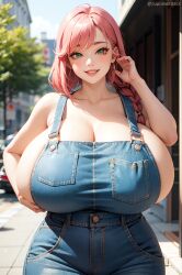 1girls ai_generated braid cupcakeattack curvy denim_overalls female green_eyes looking_at_viewer massive_breasts pink_hair sideboob slim_waist smile wide_hips