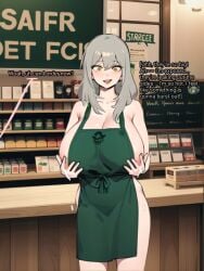 ai_generated_background apron apron_only barista breast_expansion breast_squeeze employee employee_uniform golden_eyes grey_hair huge_breasts iced_latte_with_breast_milk lactation naked_apron sideboob starbucks stelle_(honkai:_star_rail)