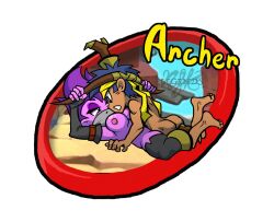 archer_(shantae) blue_skin bolo boots chibi clothed_sex colored_skin femdom gloves high_heel_boots high_heels highres legendsnjk lying nude on_back shantae straight vaginal_penetration