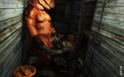 anthro blackmist333 dinosaur dragonfood duo erection fellatio genitals hand_behind_head hi_res humanoid_genitalia humanoid_penis kneeling_oral_position male male/male musclegut muscular muscular_anthro muscular_male oral penile penis reptile scalie sex standing theropod tyrannosaurid tyrannosaurus tyrannosaurus_rex