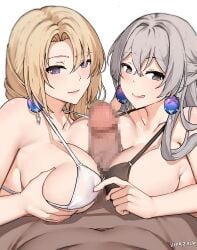 1boy 2girls age_difference big_breasts big_penis bikini blonde_hair bronya_rand censored cocolia_rand cooperative_paizuri earrings ffm_threesome gray_hair grey_eyes holding_breast honkai:_star_rail honkai_(series) imminent_oral licking_lips mature_female mosaic_censoring mother_and_daughter nipple_play oyakodon paizuri purple_eyes seductive seductive_look stepmother stepmother_and_stepdaughter symmetrical_docking tagme teamwork threesome titjob vierzeck