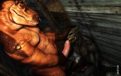 anthro blackmist333 dinosaur dragonfood duo erection foreskin genitals hand_behind_head hi_res humanoid_genitalia humanoid_penis imminent_oral kneeling_oral_position licking male male/male musclegut muscular muscular_anthro muscular_male oral penile penis penis_lick reptile retracted_foreskin scalie sex standing theropod tongue tongue_out tyrannosaurid tyrannosaurus tyrannosaurus_rex