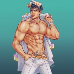 1boy cigarette diamond_is_unbreakable dilf garikaliev jojo's_bizarre_adventure jotaro_kujo male male_nipples male_only mature_male muscular_male no_visible_genitalia solo