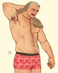 1boy aaron_(character) aaron_(o_natsuo88) armpit_hair armpits bara boxer_briefs chest_hair dilf drying facial_hair gray_hair grey_hair hairy highres male_focus male_underwear mature_male moustache muscular muscular_male mustache navel navel_hair nipples o_natsuo88 old old_man original original_character pectorals presenting_armpit print_male_underwear raised_eyebrows receding_hairline short_hair solo thick_eyebrows thick_thighs thighs topless_male towel towel_on_head underwear underwear_only veins wet