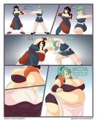 2022 2girls absurd_res bbw belly black_hair blue_eyes blue_hair breasts bulchi bulma_briefs chichi cleavage comic dragon_ball dragon_ball_z duo duo_focus english english_text eyebrows_visible_through_hair fat female_focus female_only fusion fusion_dance hips huge_belly huge_breasts looking_down matching_hair/eyes milf obese overweight overweight_female plump speech_bubble sunsleptos text thick_thighs thighs voluptuous weight_gain wide_hips