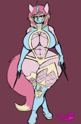 1female 1girls abs anthro big_breasts blades breasts cyan_elbow_gloves cyan_mask cyan_thighhighs cyan_thong_leotard dual_wielding elbow_gloves female hair horse_tail hourglass_figure huge_breasts mask mileena_(cosplay) mlp mortal_kombat my_little_pony ninja pink_tail pony ponygirl purple_background purple_body rose_dax rosededax sai_(weapon) simple_background solo standing stockings thighhighs thong_leotard wide_hips