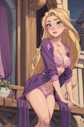 ai_generated artist_request blonde_hair blush bra cleavage disney disney_princess flower flowerpot green_eyes hair lingerie long_hair midriff navel open_clothes open_robe panties pink_bra pink_clothing pink_panties pink_underwear plant purple_clothing rapunzel robe sitting sleeves_rolled_up slim_waist table tagme tangled underwear very_long_hair