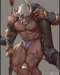 1boy 2d abs arrow arrow_(weapon) bara beard bow_(weapon) briefs briefs_only bulge bulge_through_clothing carrying_over_shoulder dilf facial_hair hi_res holding holding_object holding_weapon male male_only mature mature_male muscular muscular_male older_male pecs serious solo solo_focus solo_male standing thighs tooboshoo topless topless_male weapon white_hair